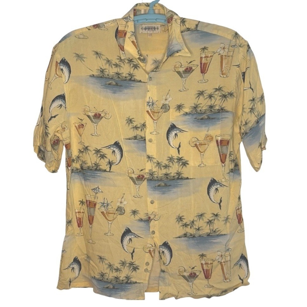 Campia Moda Button‎ Up Camp Shirt Men Yellow Marlin Cocktail Hawaiian Fishing L